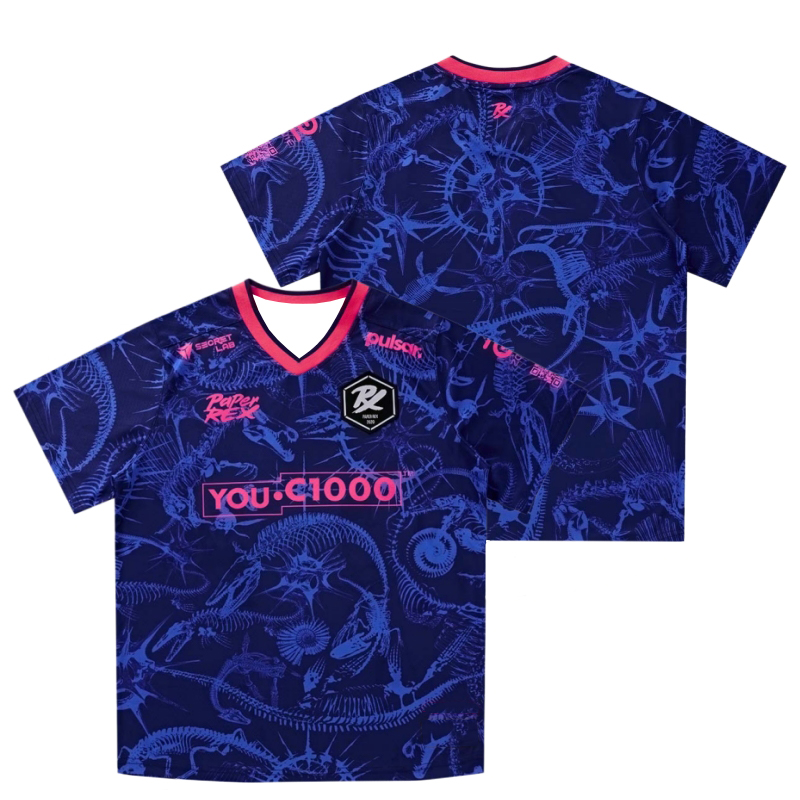 Esports Gaming Jersey - Familien-Partnerlook E-Sport Trikot Tiefblau Meeres-Dinosaurier-Skelett V-Ausschnitt