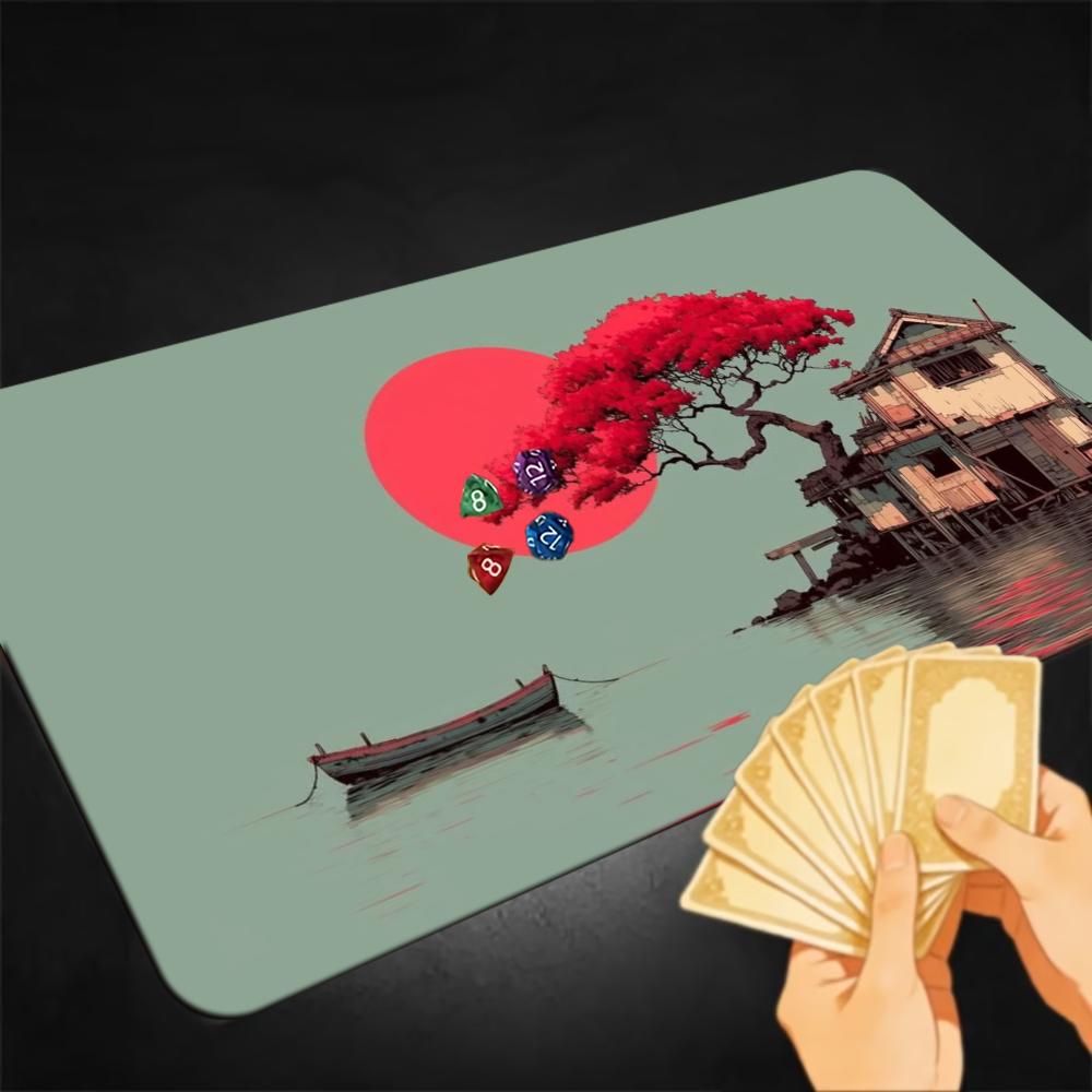 Esports Gaming Houses - Ukiyo-e Landschafts-TCG-Spielmatte Roter Ahornbaum Wasserhaus Boot